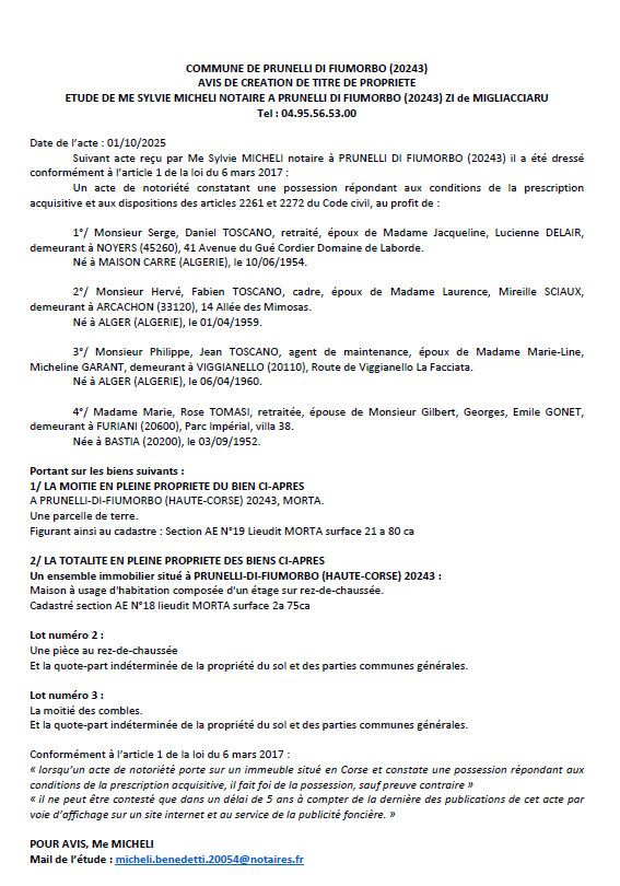 Avis de création de titre de propriété - Commune d'I Prunelli di Fiumorbu (Cismonte) Avis de création de titre de propriété - Commune d'I Prunelli di Fiumorbu (Cismonte)