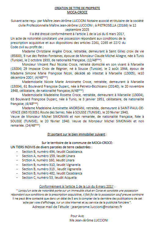 Avis de création de titre de propriété - Commune de Macà è a Croci (Pumonti)