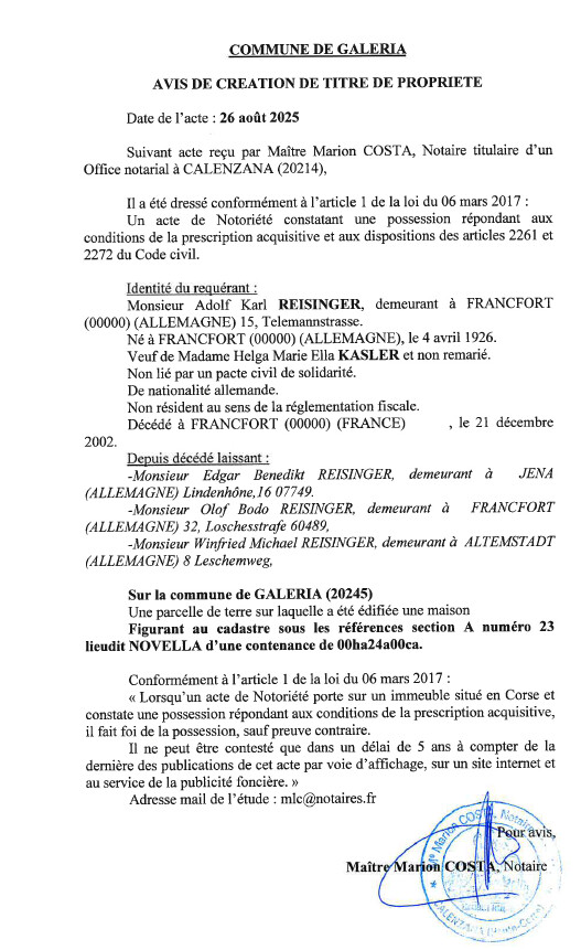 Avis de création de titre de propriété - Commune de Galeria (Pumonti)