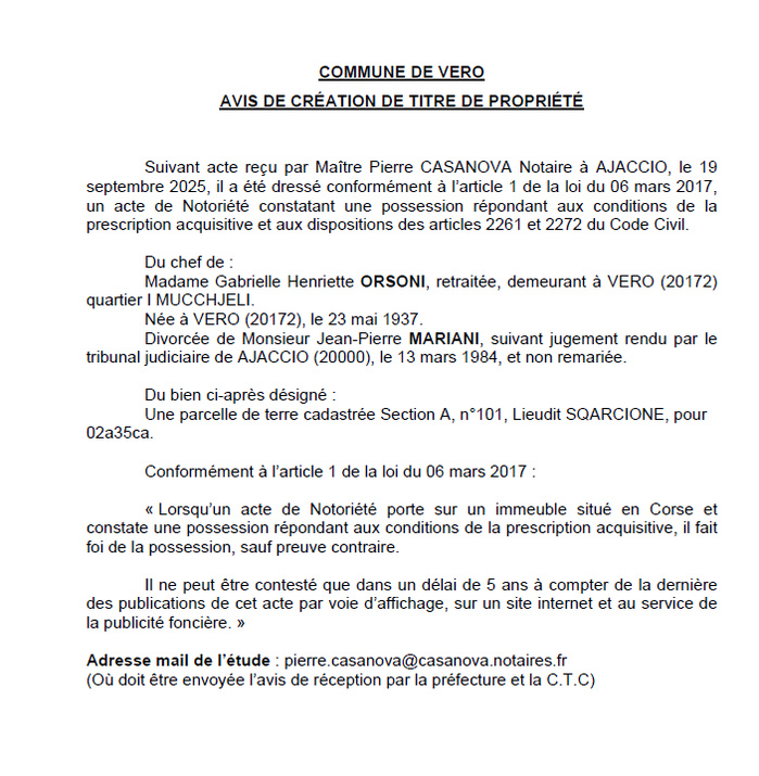 Avis de création de titre de propriété - Commune de Veru (Pumonti)