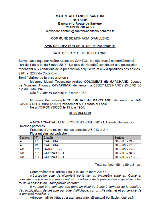 Avis de création de titre de propriété - Commune d'A Munacia d'Auddè (Pumonti) Avis de création de titre de propriété - Commune d'A Munacia d'Auddè (Pumonti)