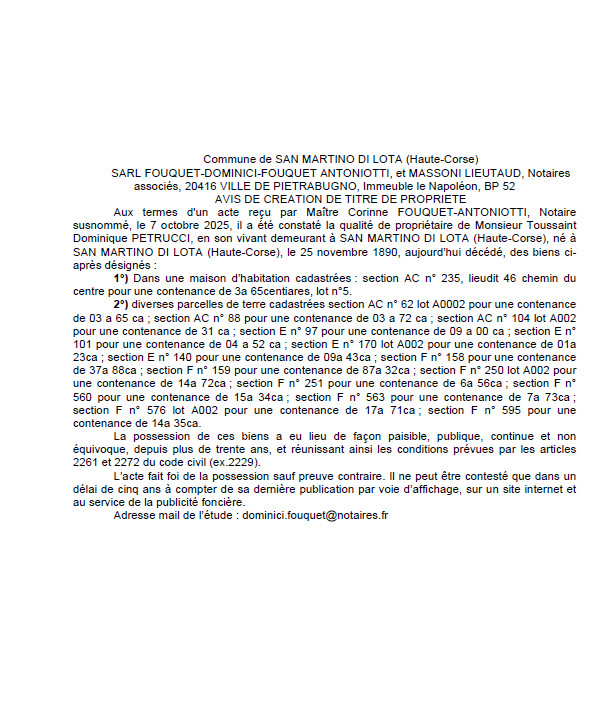 Avis de création de titre de propriété - Commune de San Martinu di Lota (Cismonte) Avis de création de titre de propriété - Commune de San Martinu di Lota (Cismonte)