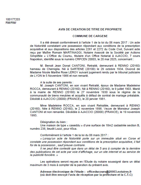 Avis de création de titre de propriété - Commune de Carghjese (Pumonti) Avis de création de titre de propriété - Commune de Carghjese (Pumonti)