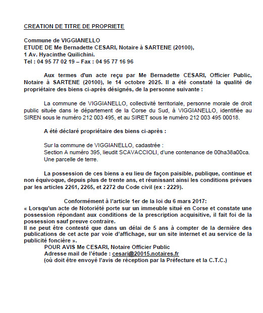 Avis de création de titre de propriété - Commune de  Vighjaneddu (Pumonti)