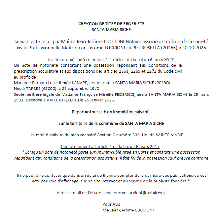 Avis de création de titre de propriété - Commune de Santa Maria Sichè (Pumonti) Avis de création de titre de propriété - Commune de Santa Maria Sichè (Pumonti)