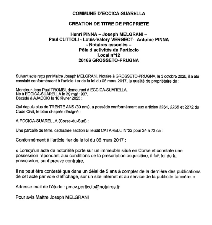 Avis de création de titre de propriété - Commune d'Eccica è Suaredda (Pumonti) Avis de création de titre de propriété - Commune d'Eccica è Suaredda (Pumonti)