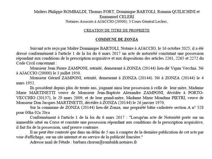 Avis de création de titre de propriété - Commune de Zonza (Pumonti) Avis de création de titre de propriété - Commune de Zonza (Pumonti)
