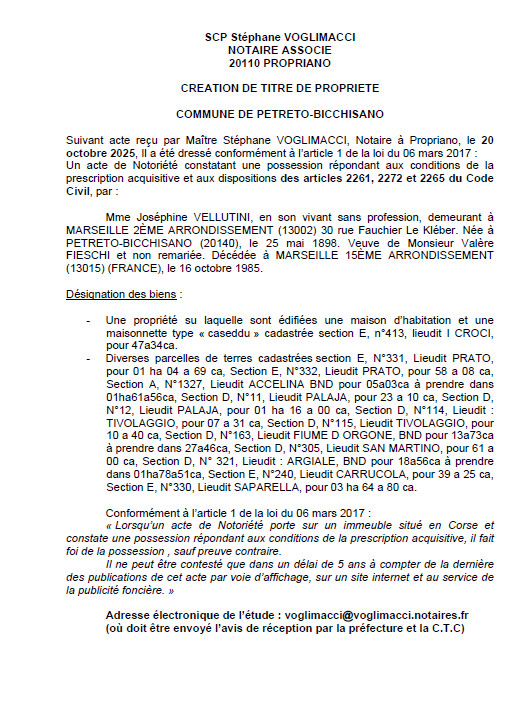 Avis de création de titre de propriété - Commune de Pitretu è Bicchisgià (Pumonti)