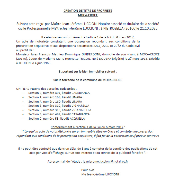 Avis de création de titre de propriété - Commune de Macà è a Croci (Pumonti) Avis de création de titre de propriété - Commune de Macà è a Croci (Pumonti)