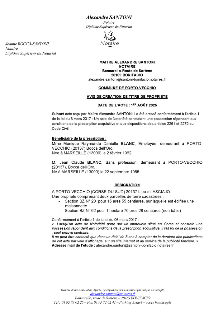 Avis de création de titre de propriété - Commune de Portivechju (Pumonti) Avis de création de titre de propriété - Commune de Portivechju (Pumonti)