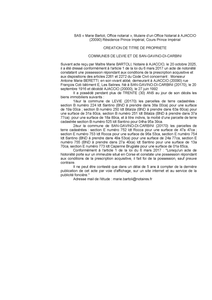 Avis de création de titre de propriété - Commune de San Gavinu di Carbini (Pumonti) Avis de création de titre de propriété - Commune de San Gavinu di Carbini (Pumonti)