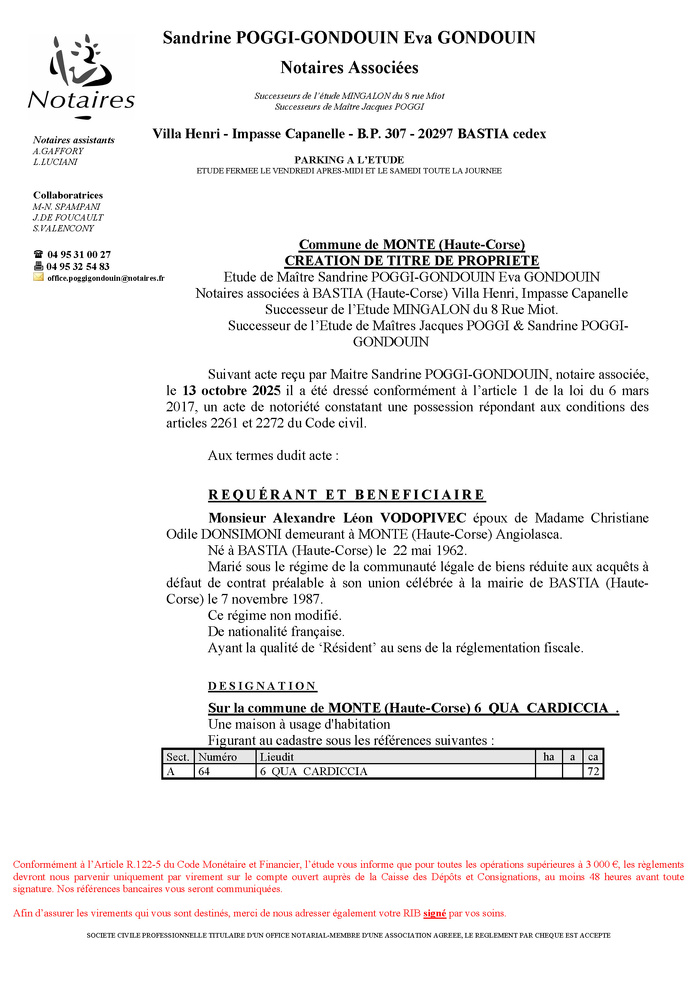 Avis de création de titre de propriété - Commune de Monte (Cismonte) Avis de création de titre de propriété - Commune de Monte (Cismonte)