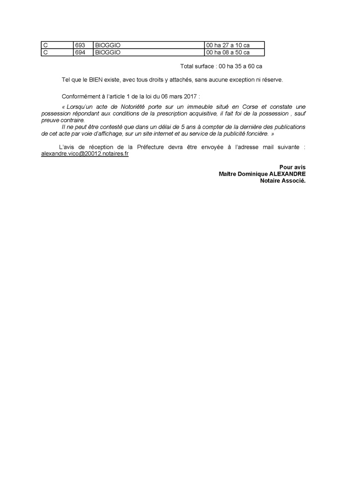 Avis de création de titre de propriété - Commune de Balogna (Pumonti) Avis de création de titre de propriété - Commune de Balogna (Pumonti)