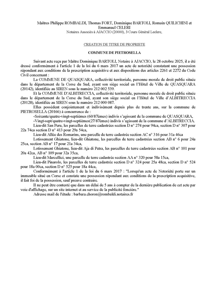 Avis de création de titre de propriété - Commune de Pitrusedda (Pumonti)