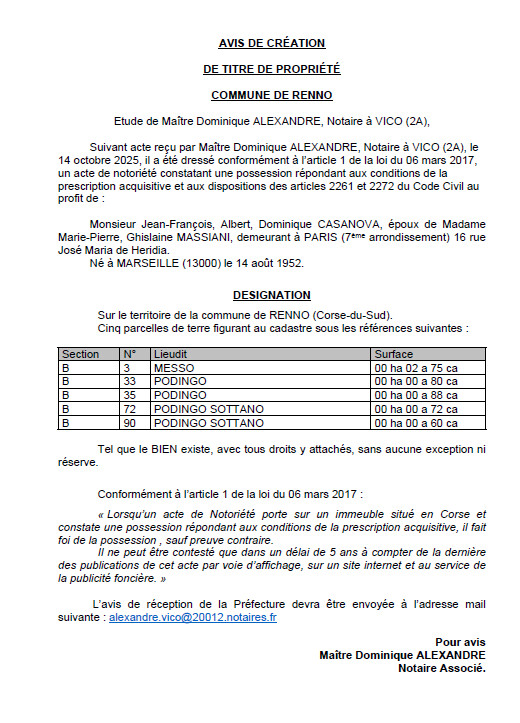 Avis de création de titre de propriété - Commune de Rennu (Pumonti)