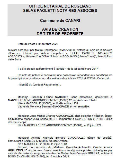 Avis de création de titre de propriété - Commune de Canari (Cismonte)