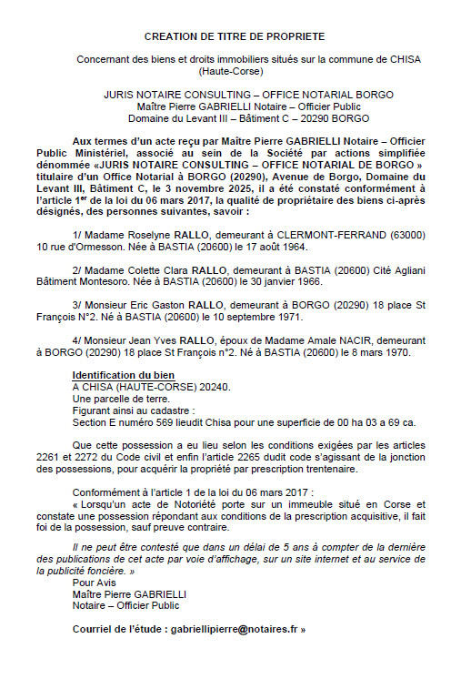 Avis de création de titre de propriété - Commune de Chisà (Pumonti)