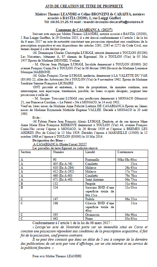 Avis de création de titre de propriété - Commune d'A Casabianca (Cismonte)