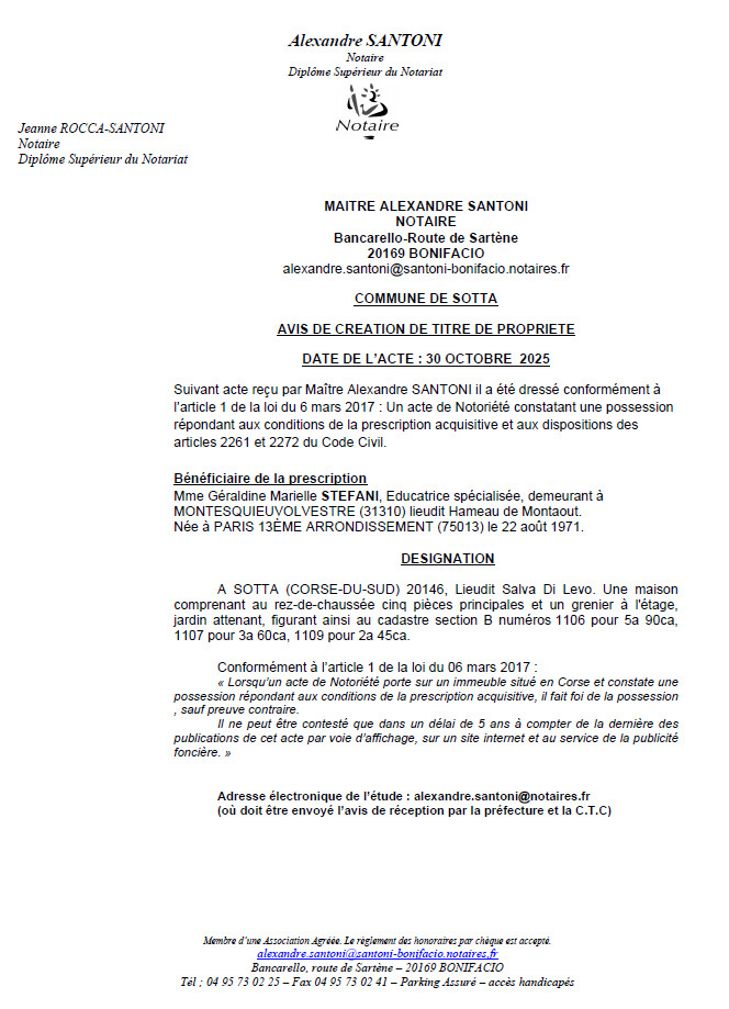 Avis de création de titre de propriété - Commune de Sotta (Pumonti)