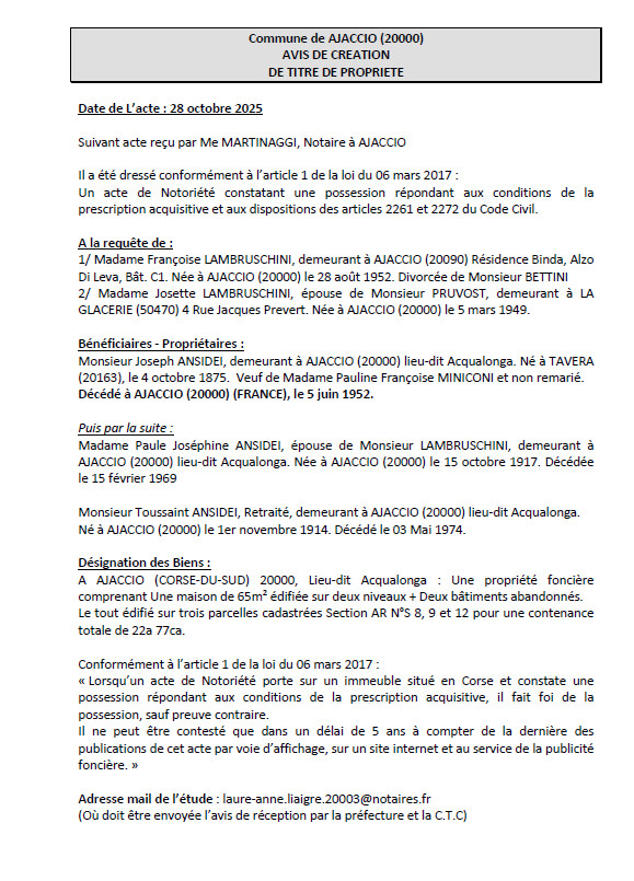 Avis de création de titre de propriété - Commune d'Aiacciu (Pumonti)