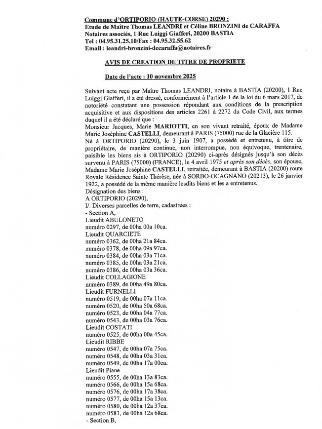 Avis de création de titre de propriété - Commune d'Ortiporiu (Cismonte)