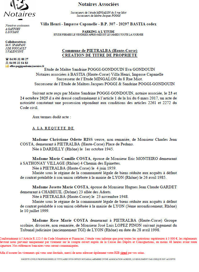 Avis de création de titre de propriété - Commune de Petralba (Cismonte)