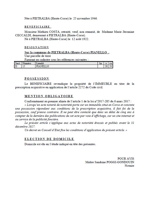 Avis de création de titre de propriété - Commune de Petralba (Cismonte)