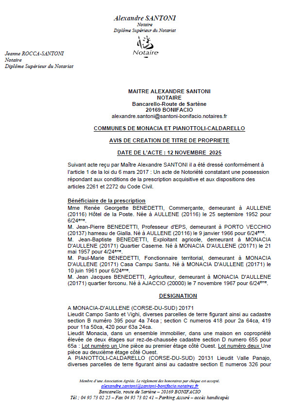 Avis de création de titre de propriété - Commune d'A Munacia d'Auddè et Pianottuli è Caldareddu (Pumonti)