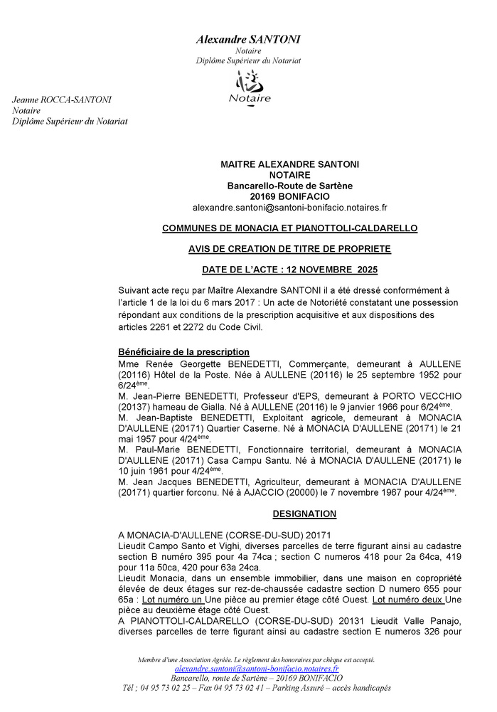 Avis de création de titre de propriété - Commune d'A Munacia d'Auddè et Pianottuli è Caldareddu (Pumonti) Avis de création de titre de propriété - Commune d'A Munacia d'Auddè et Pianottuli è Caldareddu (Pumonti)