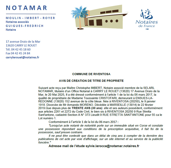 Avis de création de titre de propriété - Commune d'A Riventosa (Cismonte) Avis de création de titre de propriété - Commune d'A Riventosa (Cismonte)