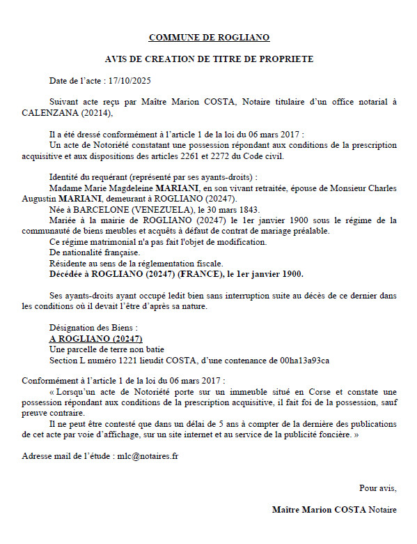 Avis de création de titre de propriété - Commune de Ruglianu (Cismonte)