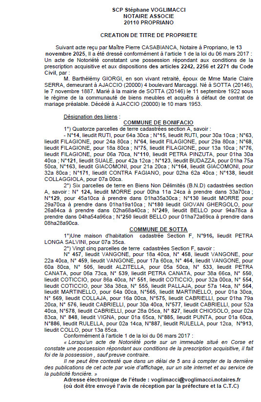 Avis de création de titre de propriété - Communes de Bonifaziu et Sotta (Pumonti)