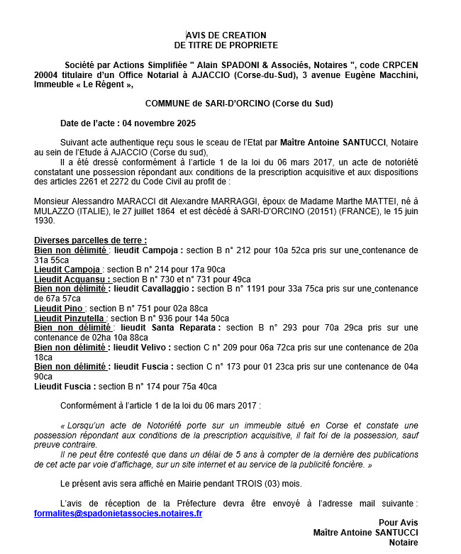 Avis de création de titre de propriété - Commune de Sari d'Urcinu (Pumonti)