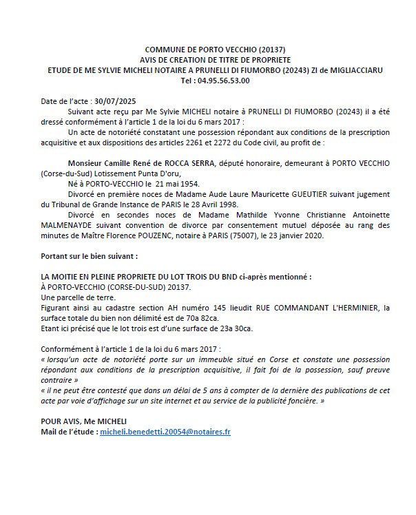 Avis de création de titre de propriété - Commune de Portivechju (Pumonti)