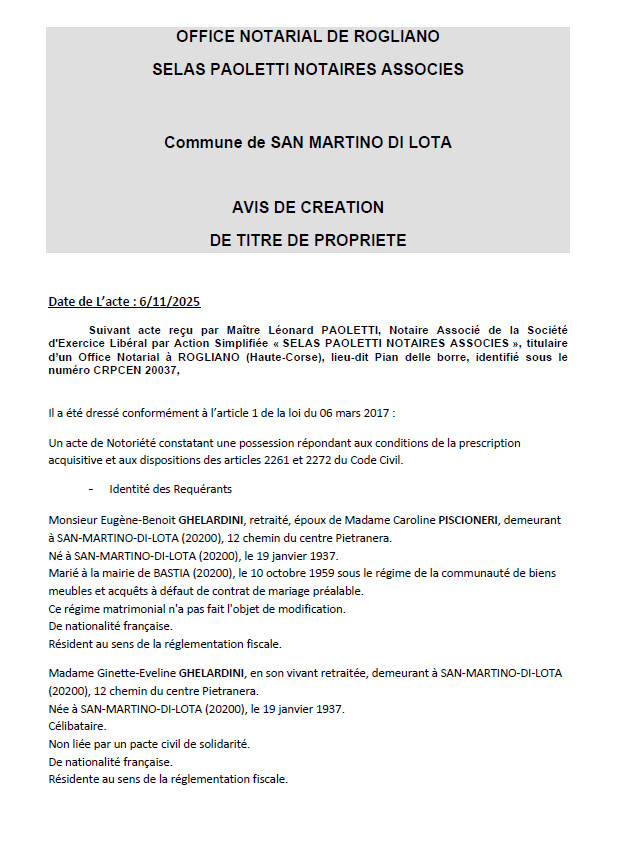 Avis de création de titre de propriété - Commune de San Martinu di Lota (Cismonte)
