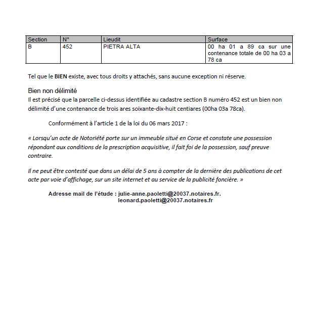 Avis de création de titre de propriété - Commune de San Martinu di Lota (Cismonte)