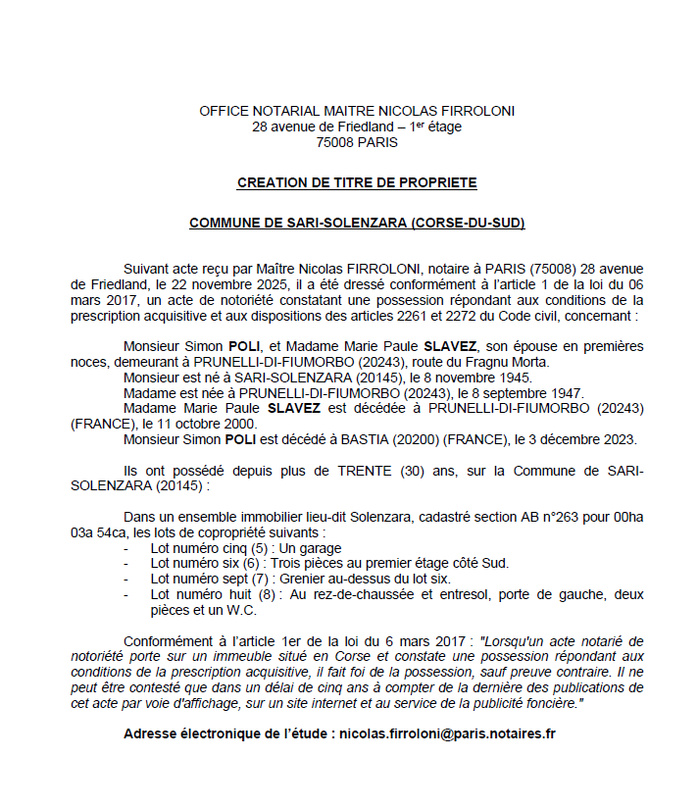 Avis de création de titre de propriété - Commune de Sari è Sulinzara (Cismonte) Avis de création de titre de propriété - Commune de Sari è Sulinzara (Cismonte)