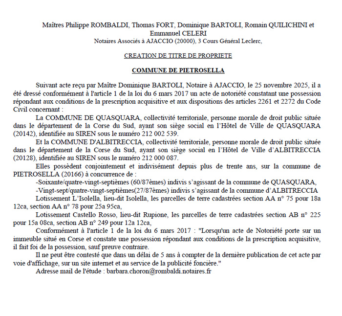 Avis de création de titre de propriété - Commune de Pitrusedda (Pumonti) Avis de création de titre de propriété - Commune de Pitrusedda (Pumonti)