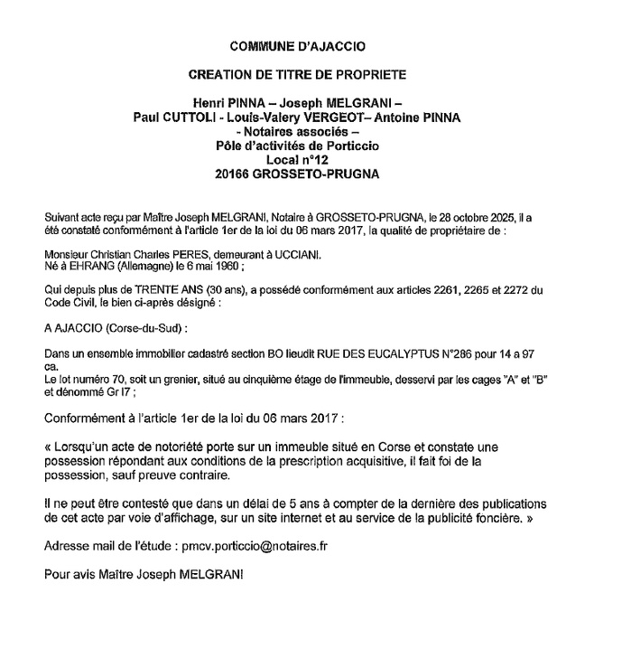 Avis de création de titre de propriété - Commune d'Aiacciu (Pumonti) Avis de création de titre de propriété - Commune d'Aiacciu (Pumonti)