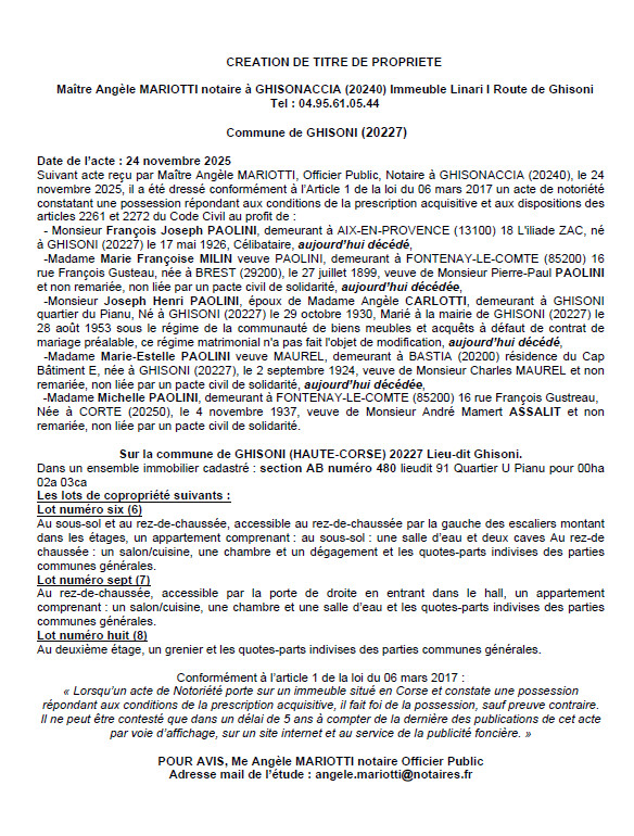Avis de création de titre de propriété - Commune de Ghisoni (Cismonte)