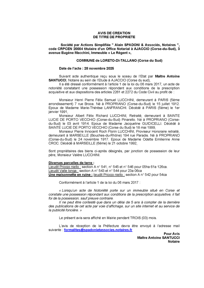 Avis de création de titre de propriété - Commune de Laretu d'Attallà (Pumonti) Avis de création de titre de propriété - Commune de Laretu d'Attallà (Pumonti)