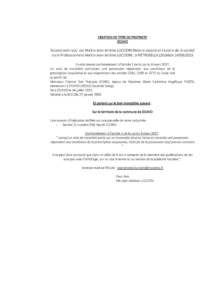 Avis de création de titre de propriété - Commune de Zicavu (Pumonti)