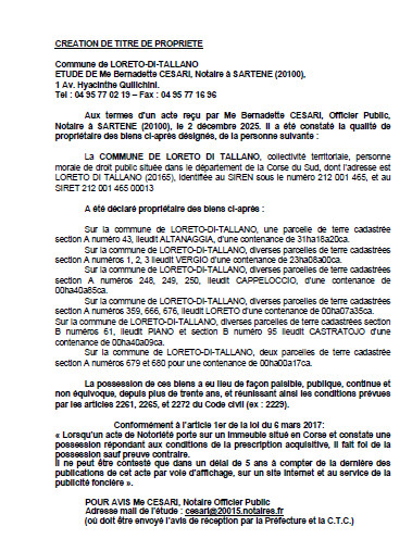 Avis de création de titre de propriété - Commune de Laretu d'Attallà (Pumonti)