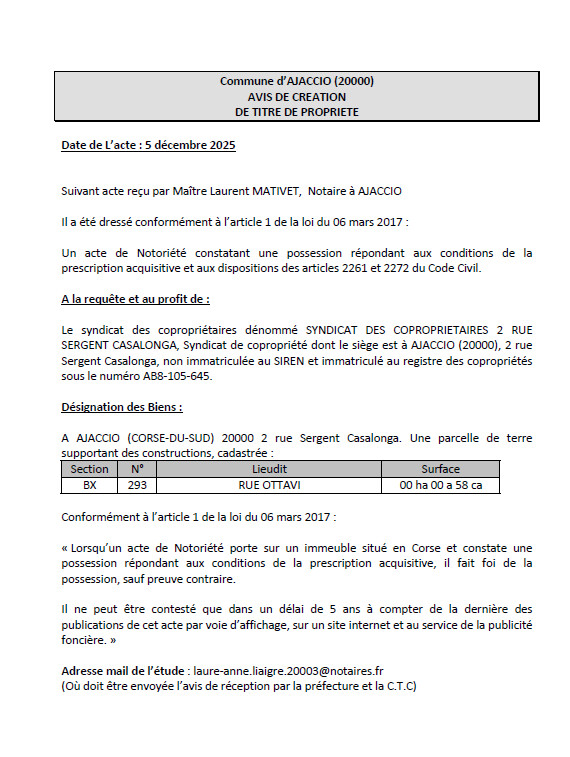 Avis de création de titre de propriété - Commune d'Aiacciu (Pumonti)