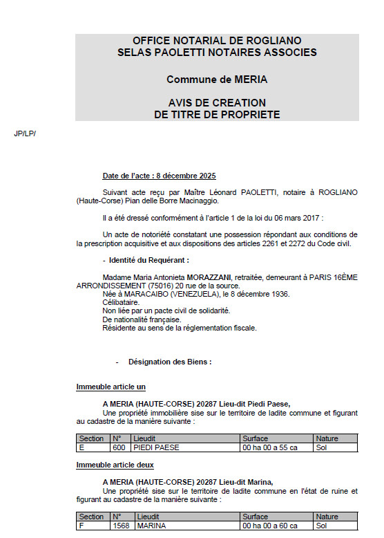 Avis de création de titre de propriété - Commune de Meria (Cismonte)
