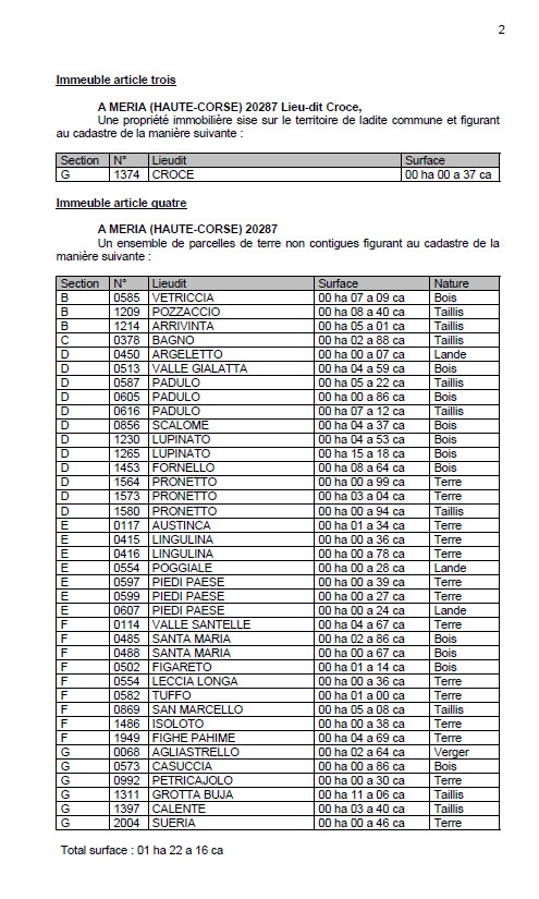 Avis de création de titre de propriété - Commune de Meria (Cismonte)