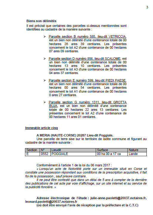 Avis de création de titre de propriété - Commune de Meria (Cismonte)