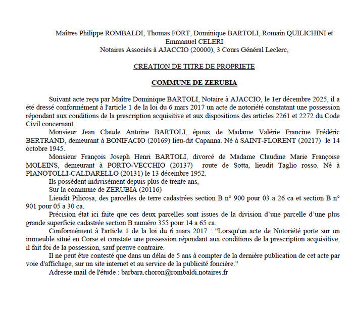 Avis de création de titre de propriété - Commune de Zirubia (Pumonti)