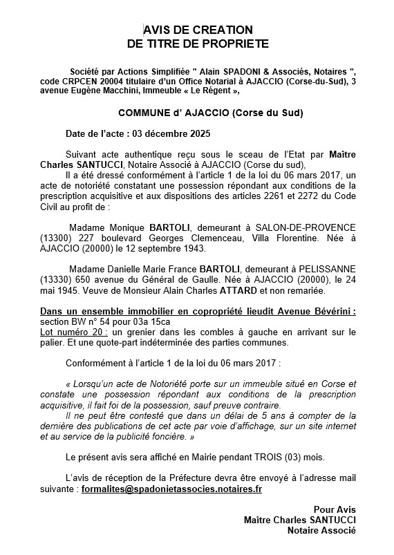 Avis de création de titre de propriété - Commune d'Aiacciu (Pumonti)