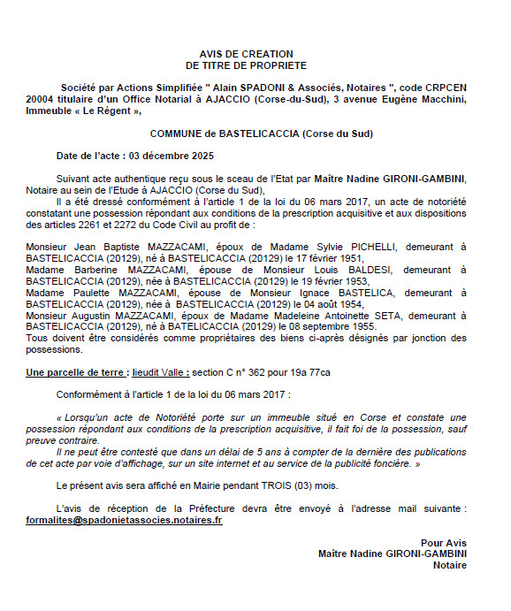 Avis de création de titre de propriété - Commune d'A Bastilicaccia (Pumonti)